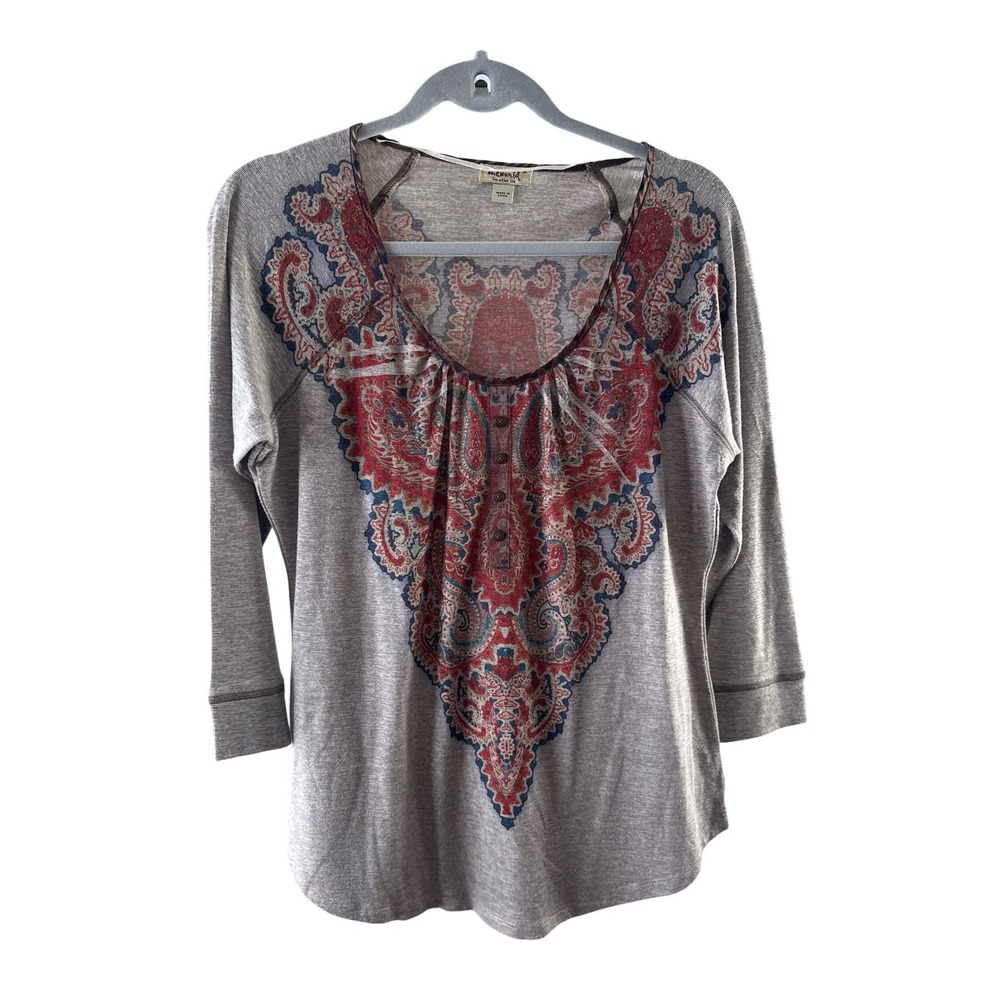 One World Womens Grey Paisley Medallion Scoop Neck‎ 3/4 Sleeve Top Size M